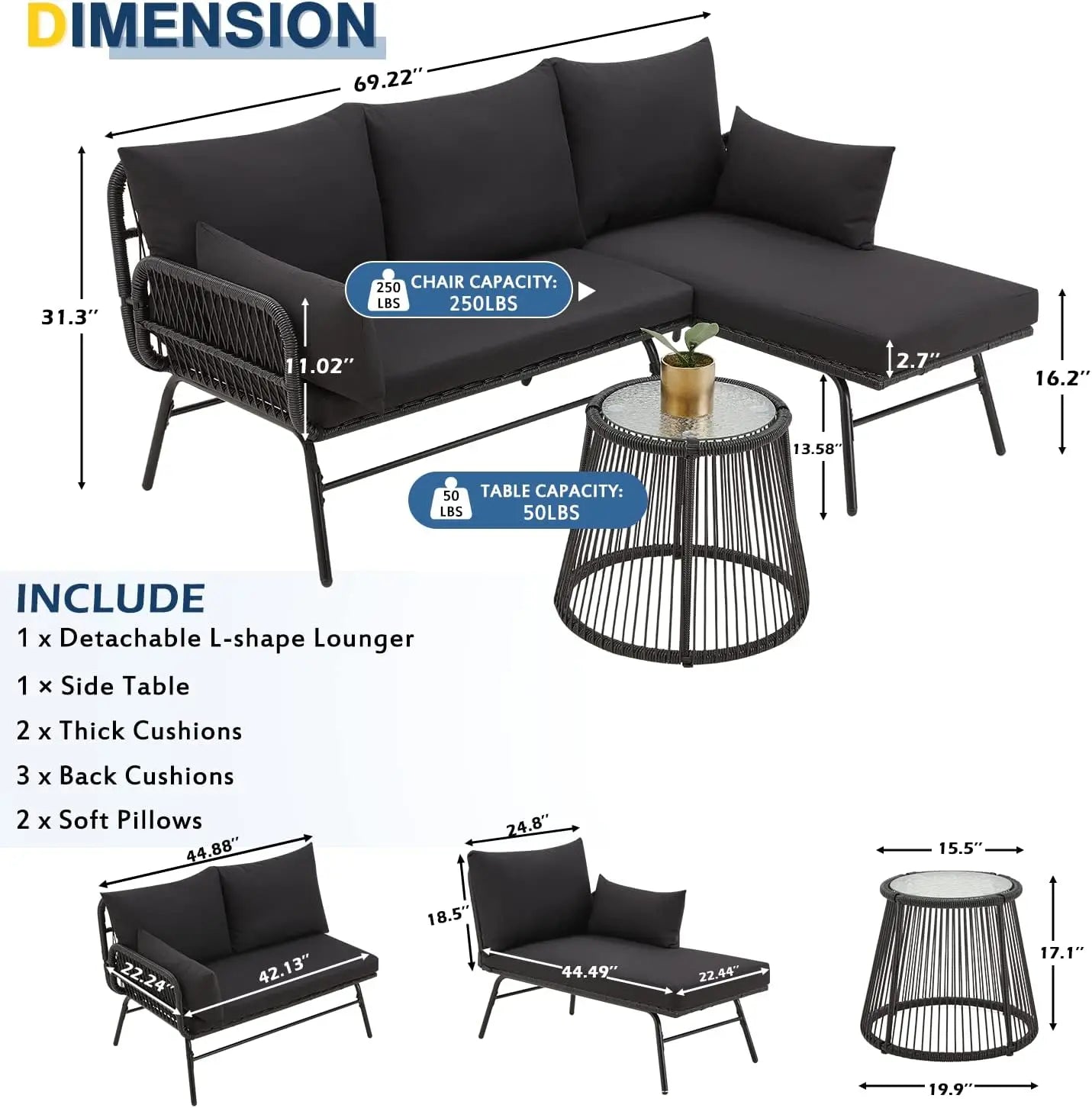 L Shaped Patio Sectional Sofa Set With Glass Coffee Table