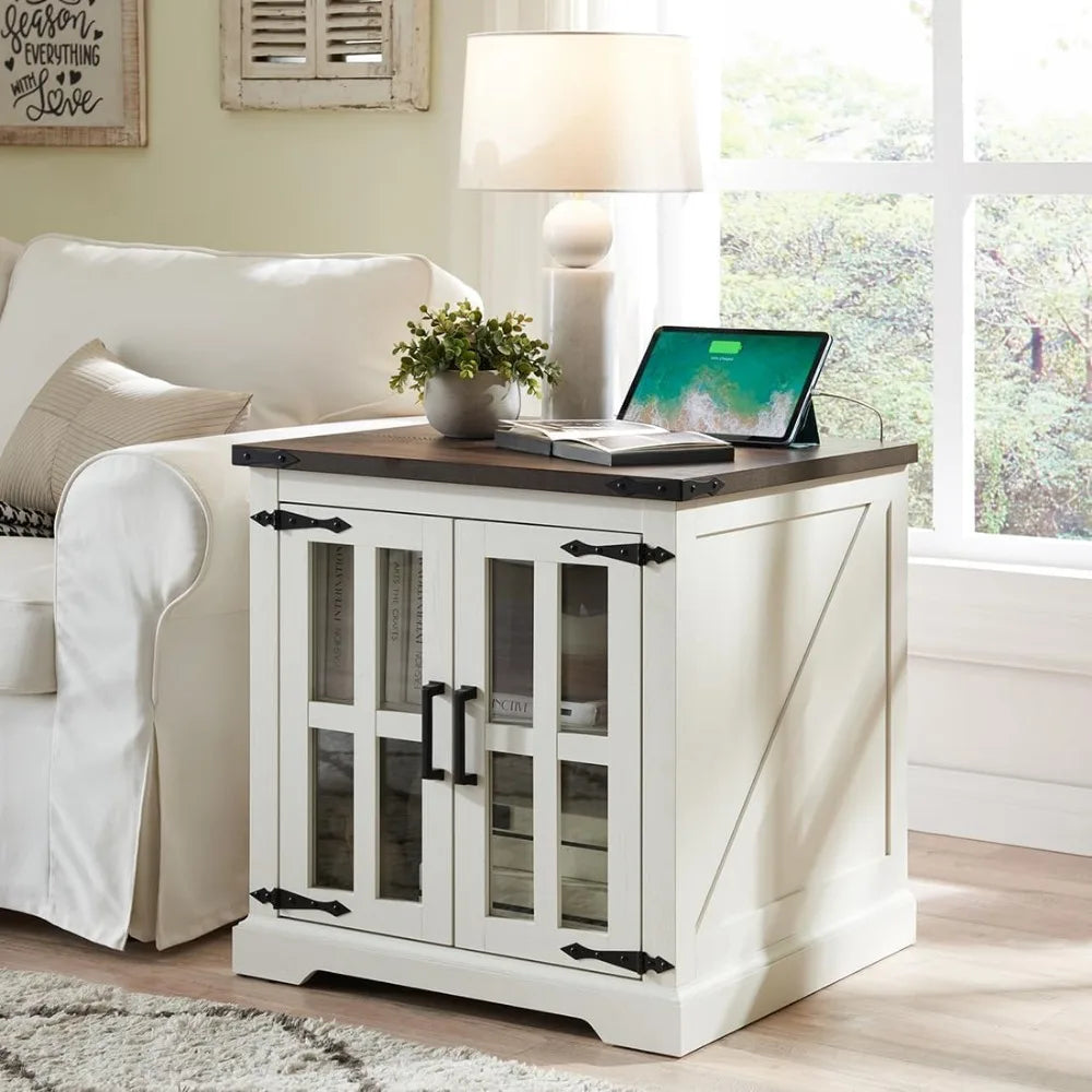 Rustic Farmhouse End Table with Charging Station and Glass Door