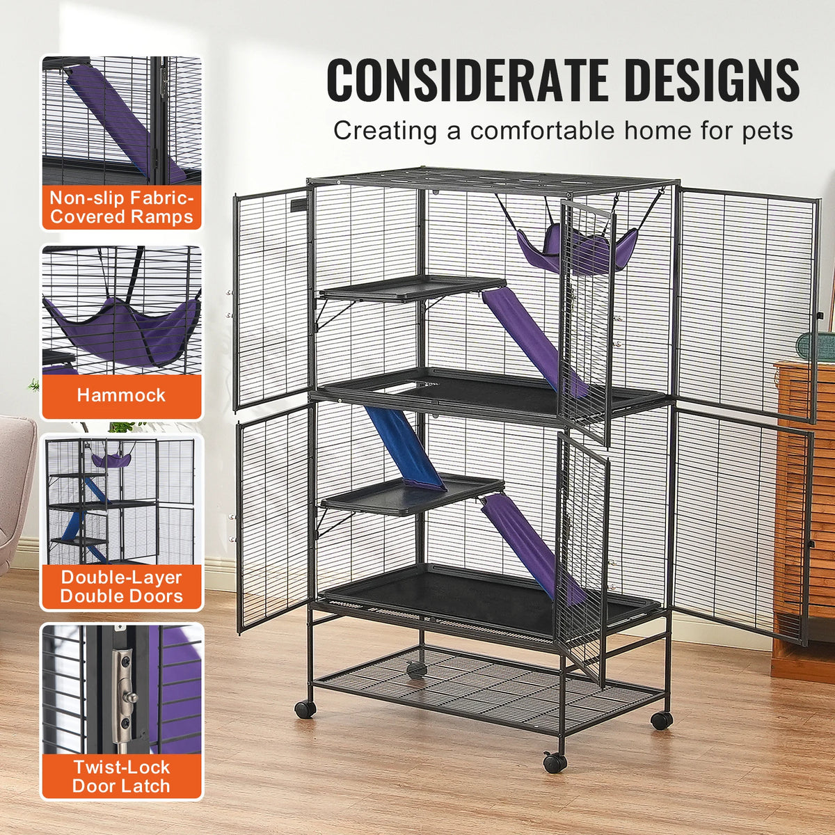 Multi-Level Metal Ferret Cage for Small Pets with Hammock and Ramps