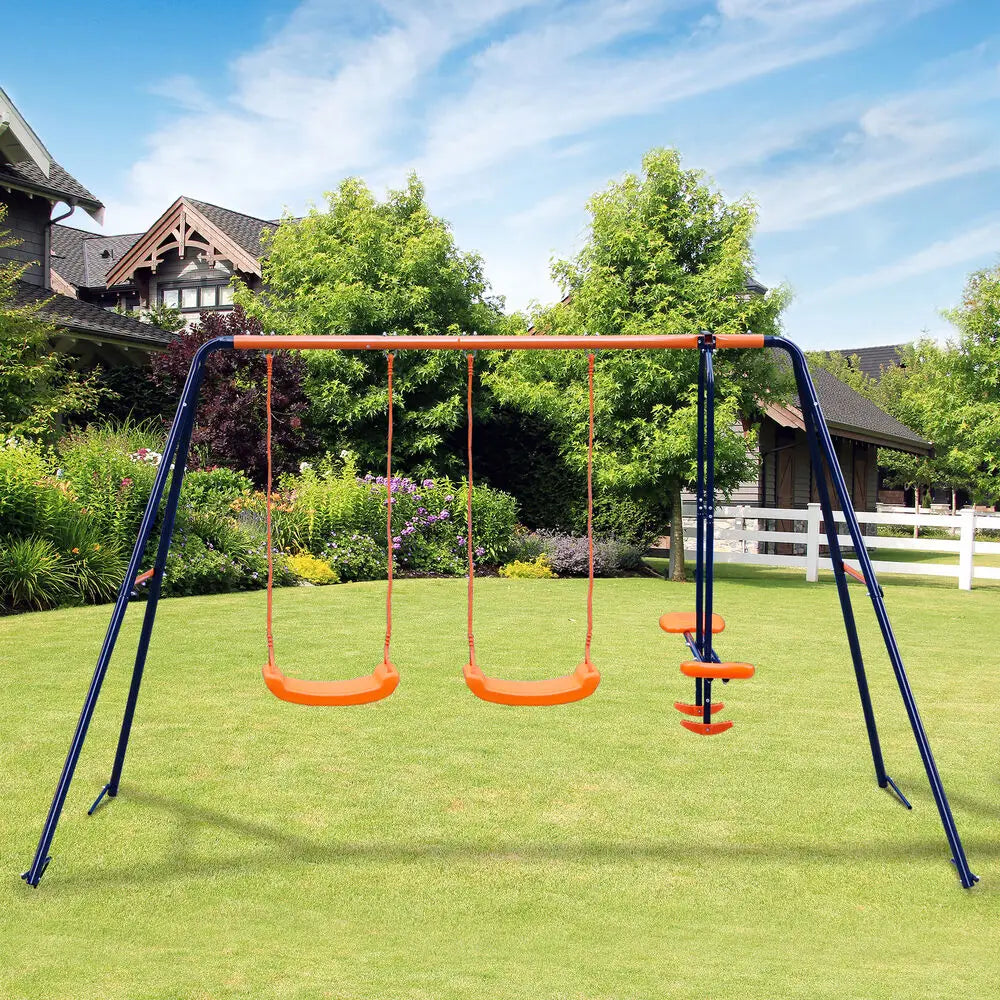 Outdoor Kids Swing Set W/2 Seats & 1 Glide Swing Set for Backyard 440lb Capacity
