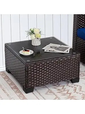Patio Wicker Coffee Table With Tempered Glass Top