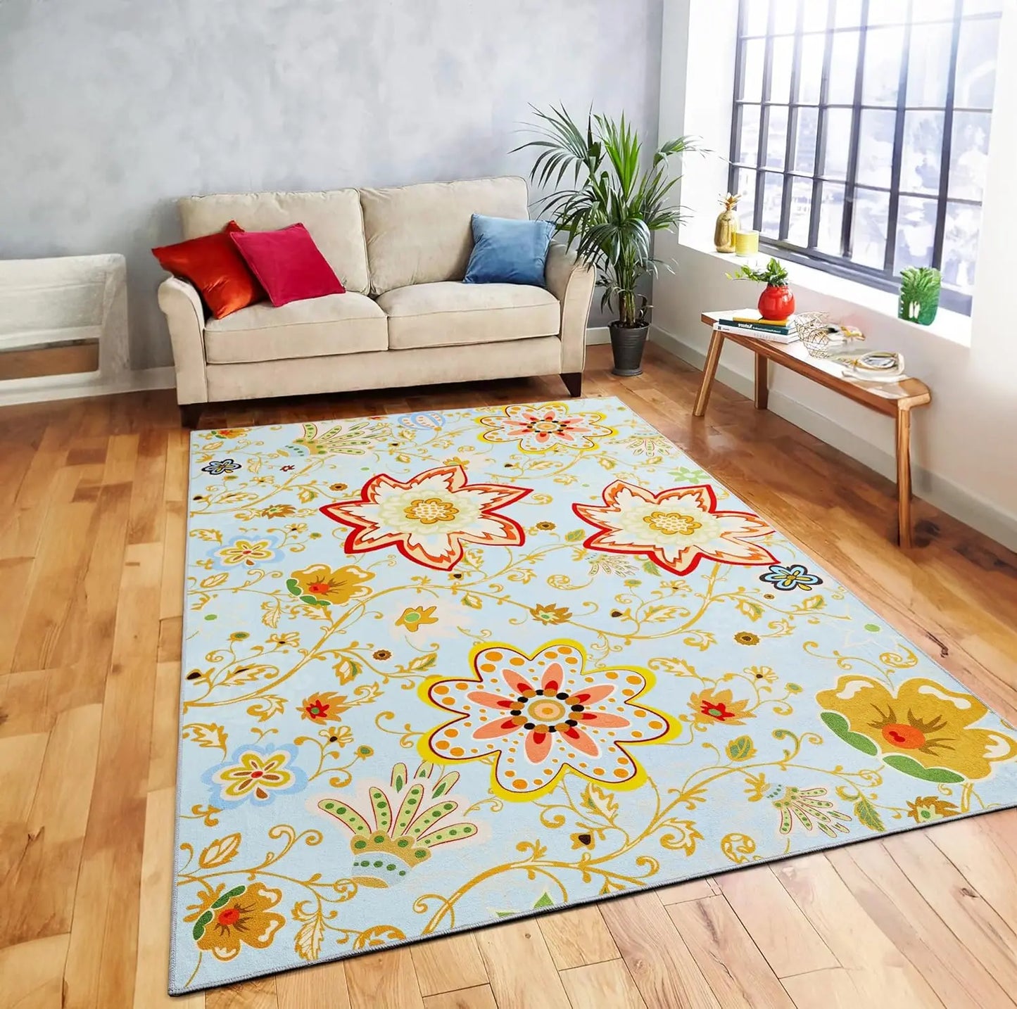 Noahas Floral Washable Non Slip Soft Stain Resistant Area Rug