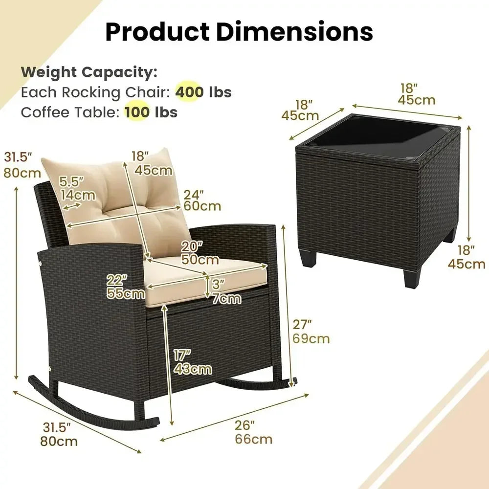 Outdoor Wicker Rocking Chair Set With Cushions And Coffee Table