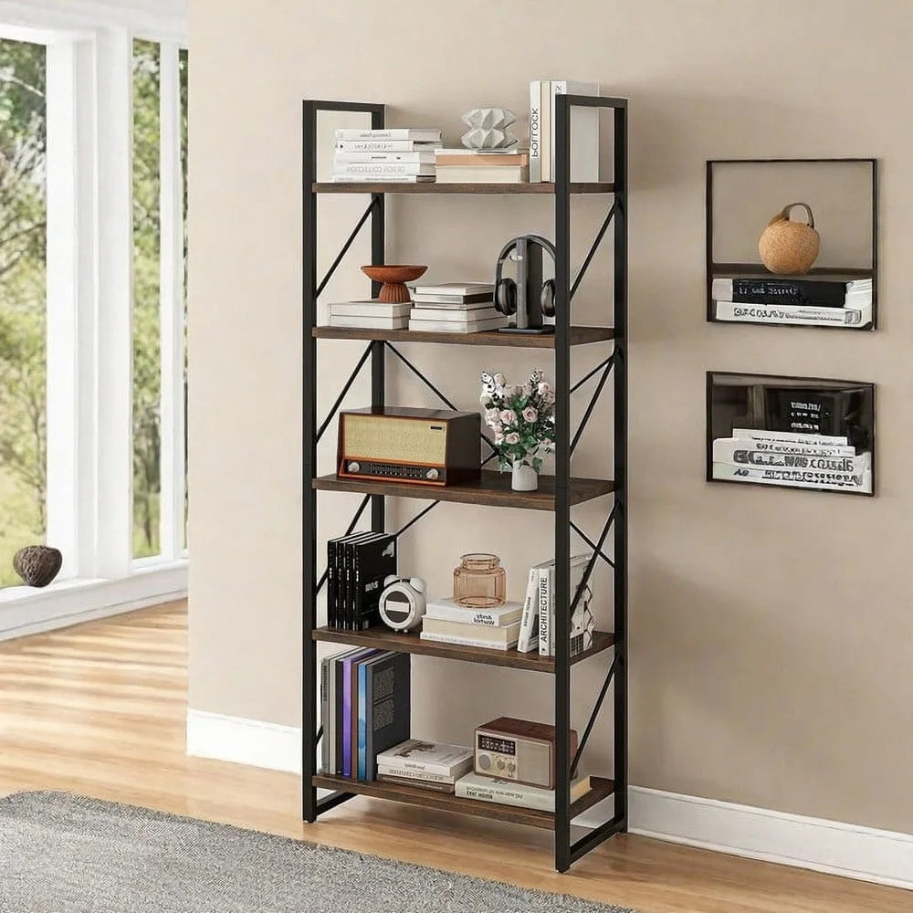 Industrial Ladder Bookshelf Open Storage Organizer With Bamboo Shelves