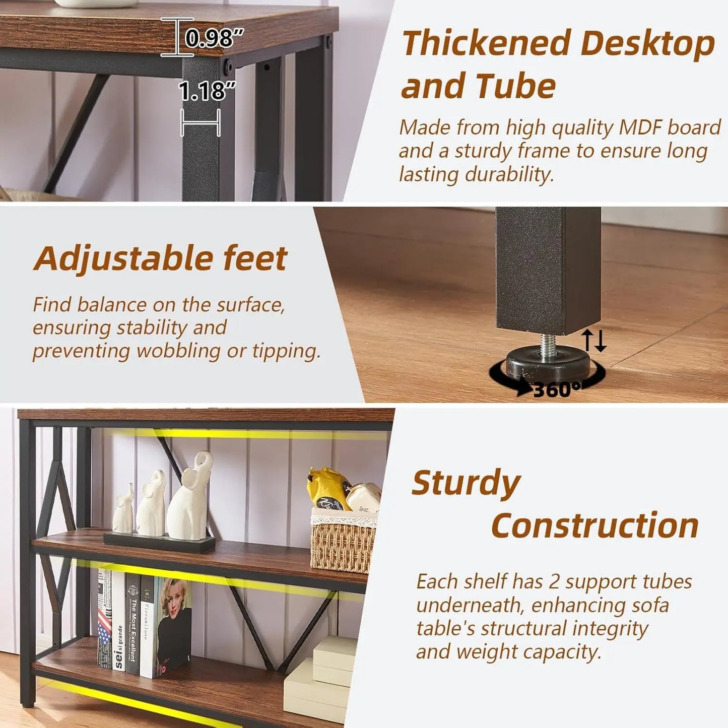 Sofa Console Table With 3 Tier Storage And Open Shelves