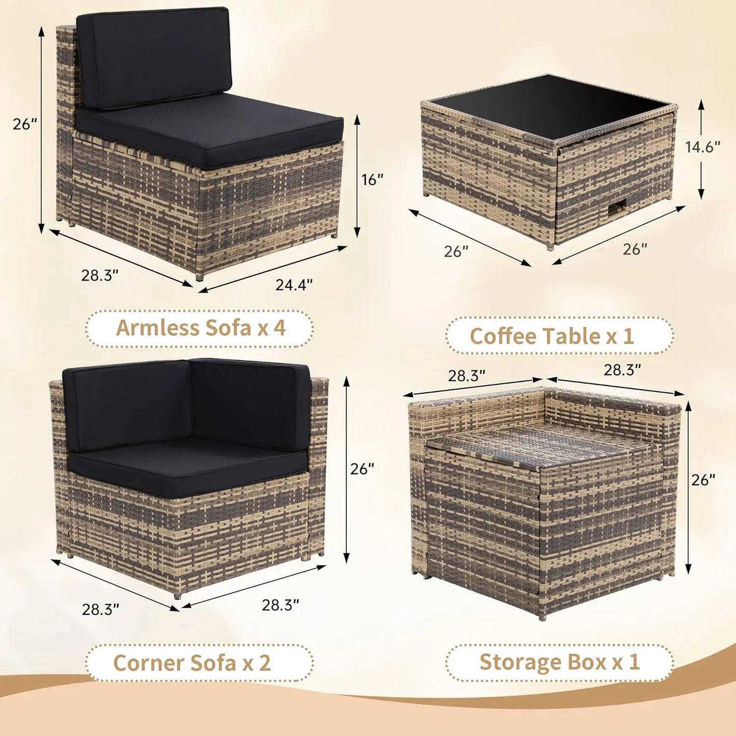 Outdoor Wicker Rattan Sectional Furniture Set with Glass Table