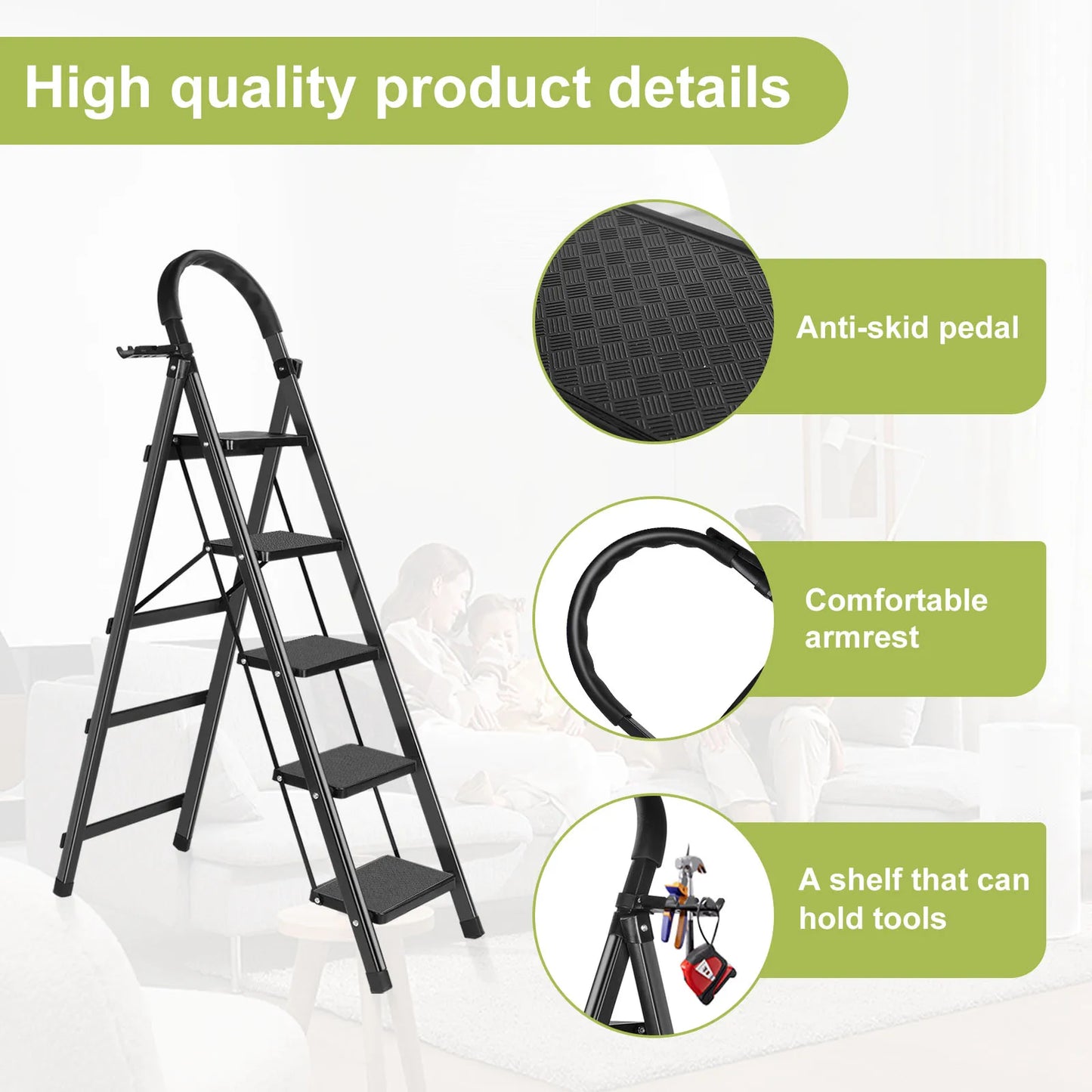 Heavy Duty Folding Stool With Handrail Anti Slip Ladder