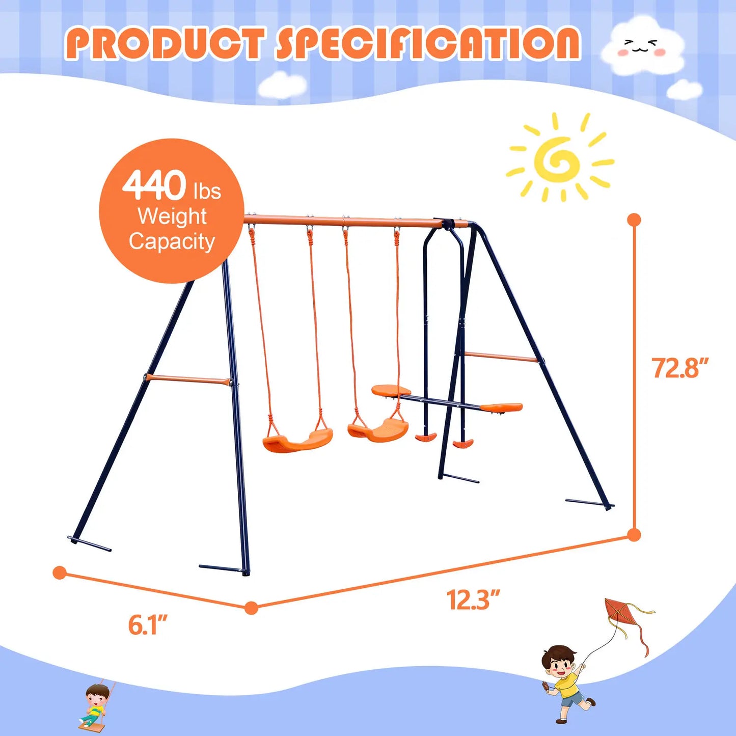 Outdoor Kids Swing Set W/2 Seats & 1 Glide Swing Set for Backyard 440lb Capacity