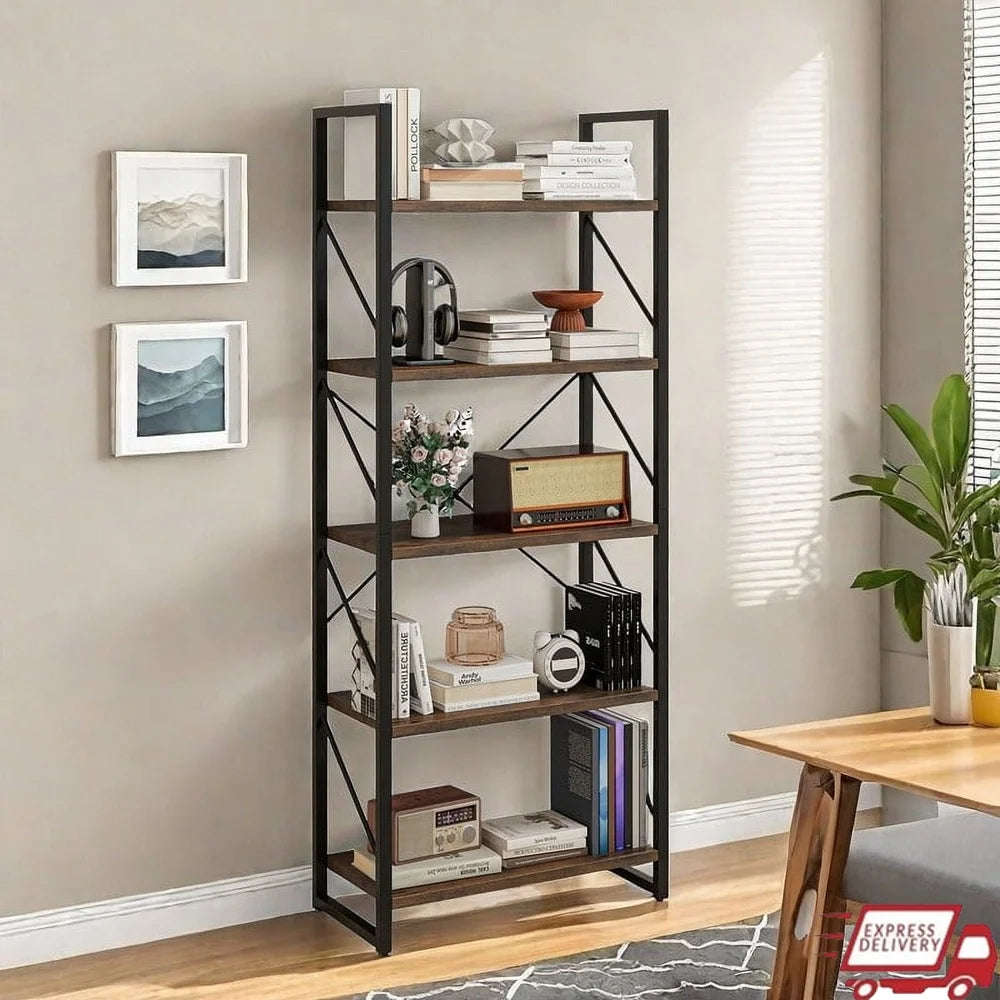 Industrial Ladder Bookshelf Open Storage Organizer With Bamboo Shelves