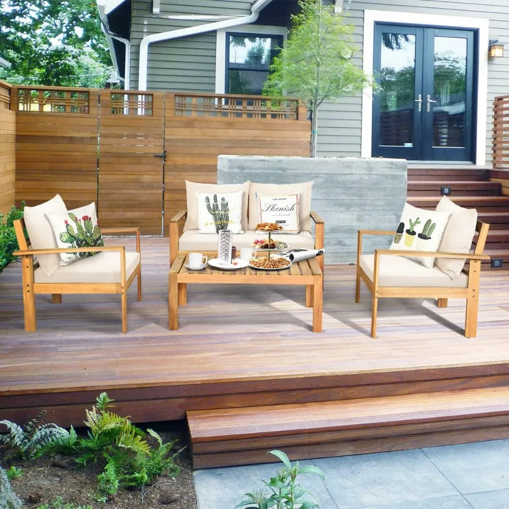 Outdoor Acacia Wood 4 Piece Deluxe Chat Set With Cushions