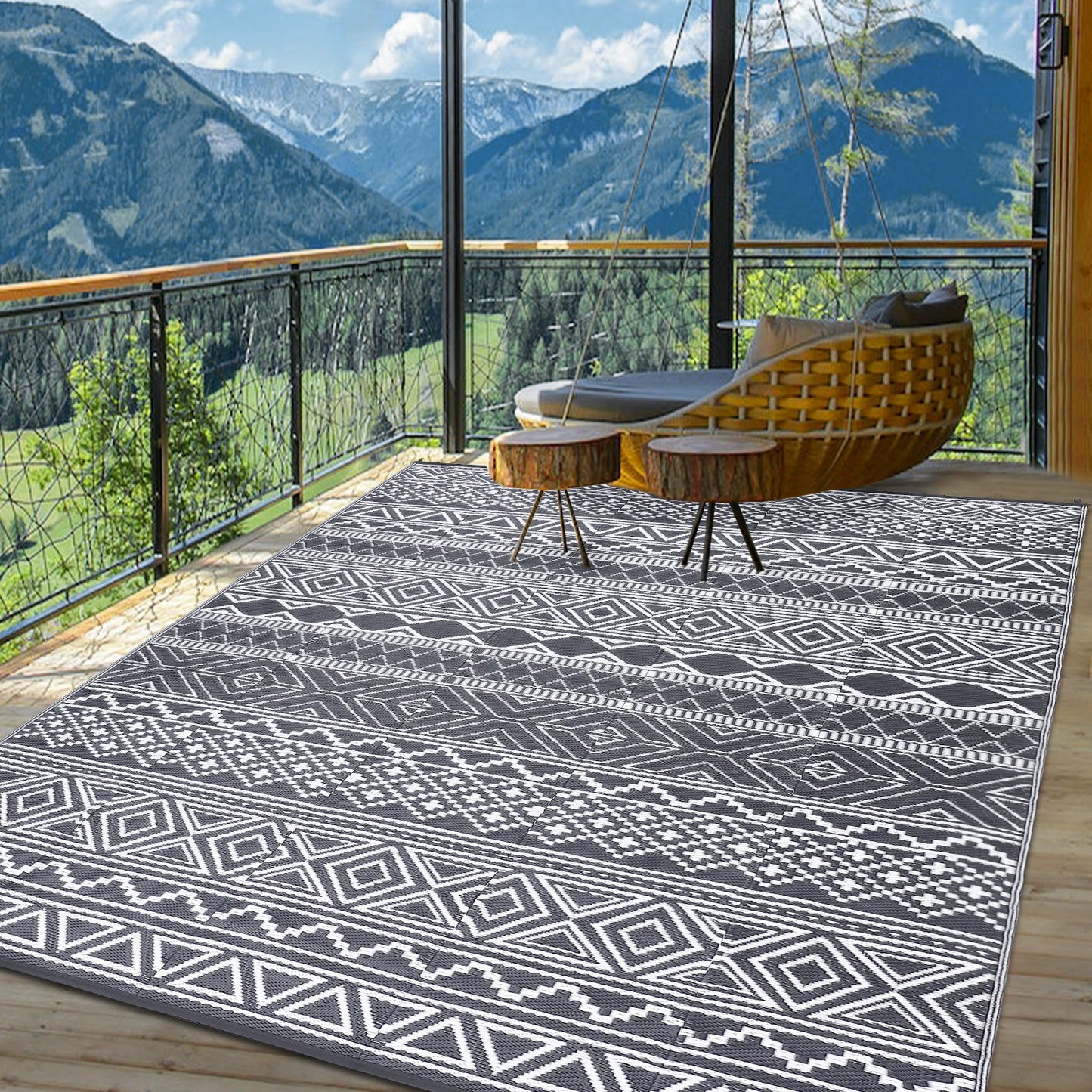 Waterproof Reversible Outdoor Patio Rug Boho Moroccan Style