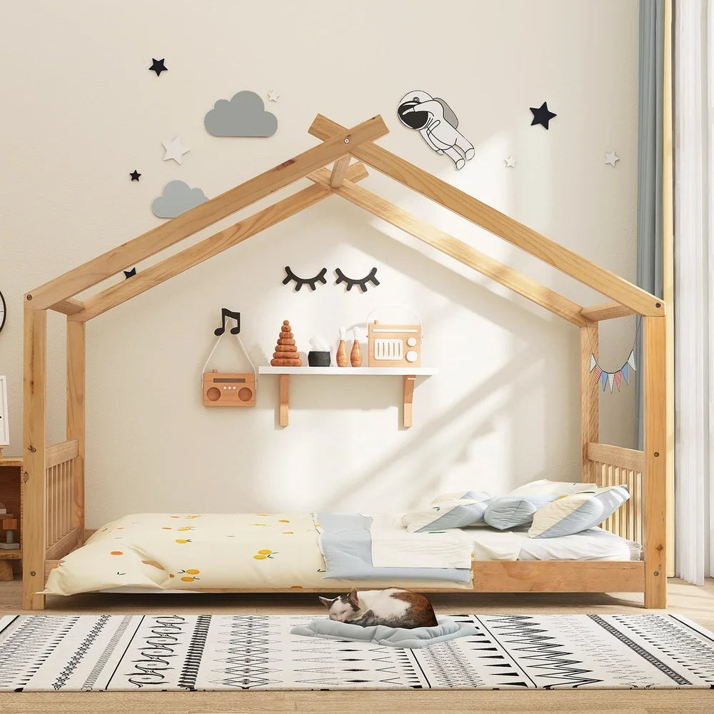 Wood House Shaped Twin Platform Bed for Kids Safe Sleeping