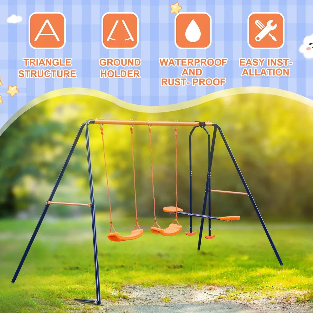 Outdoor Kids Swing Set W/2 Seats & 1 Glide Swing Set for Backyard 440lb Capacity