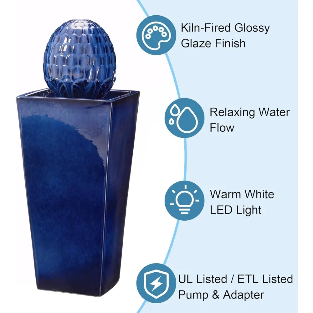 Ceramic Outdoor Water Fountain with LED Light and Pump