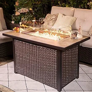 Propane Gas Fire Pit Table With Ceramic Top Rattan Frame