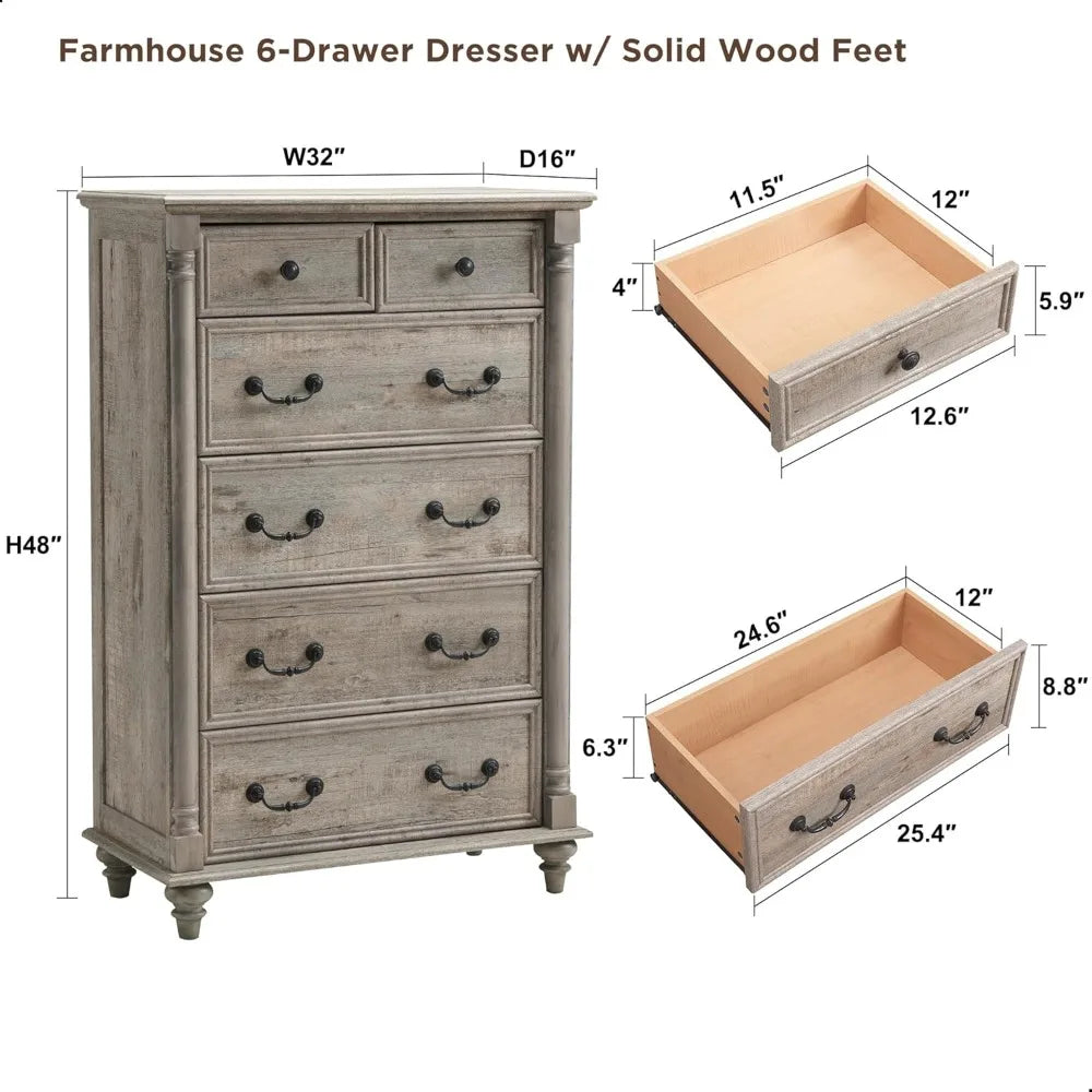 Farmhouse Six Drawer Rustic Bedroom Dresser Chest