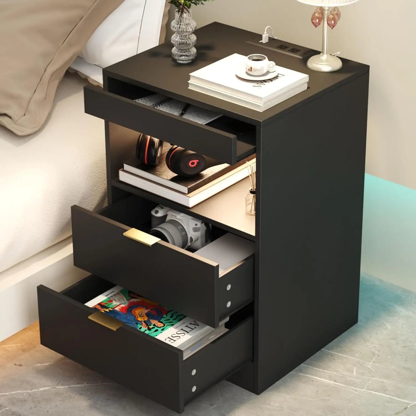 LED Nightstand With Charging Station and Drawer Storage