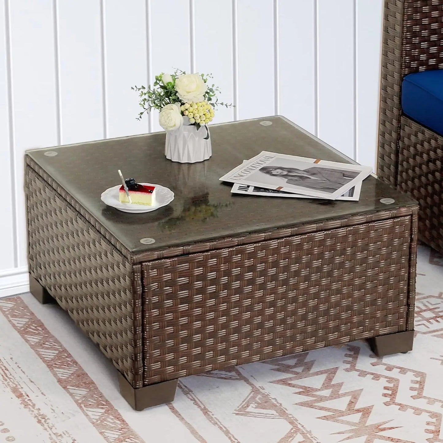 Patio Wicker Coffee Table With Tempered Glass Top