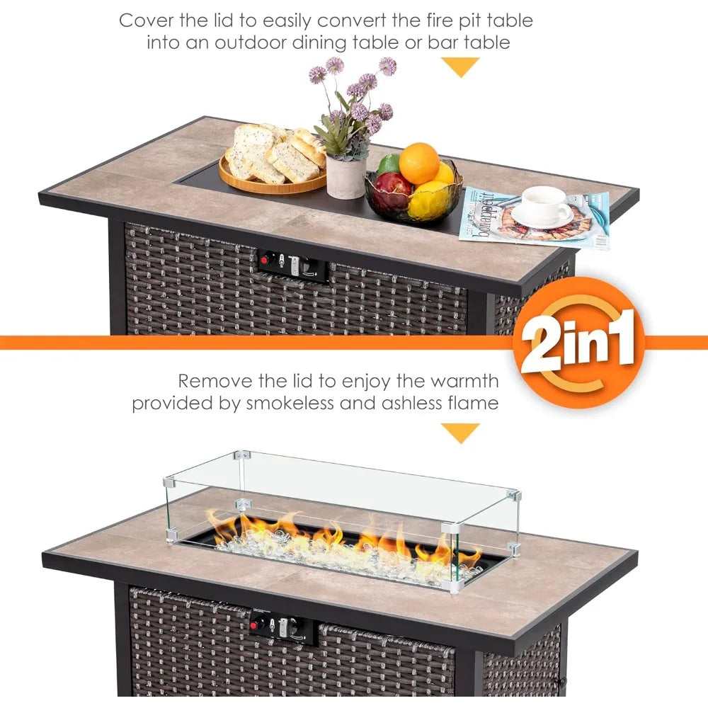 Propane Gas Fire Pit Table With Ceramic Top Rattan Frame