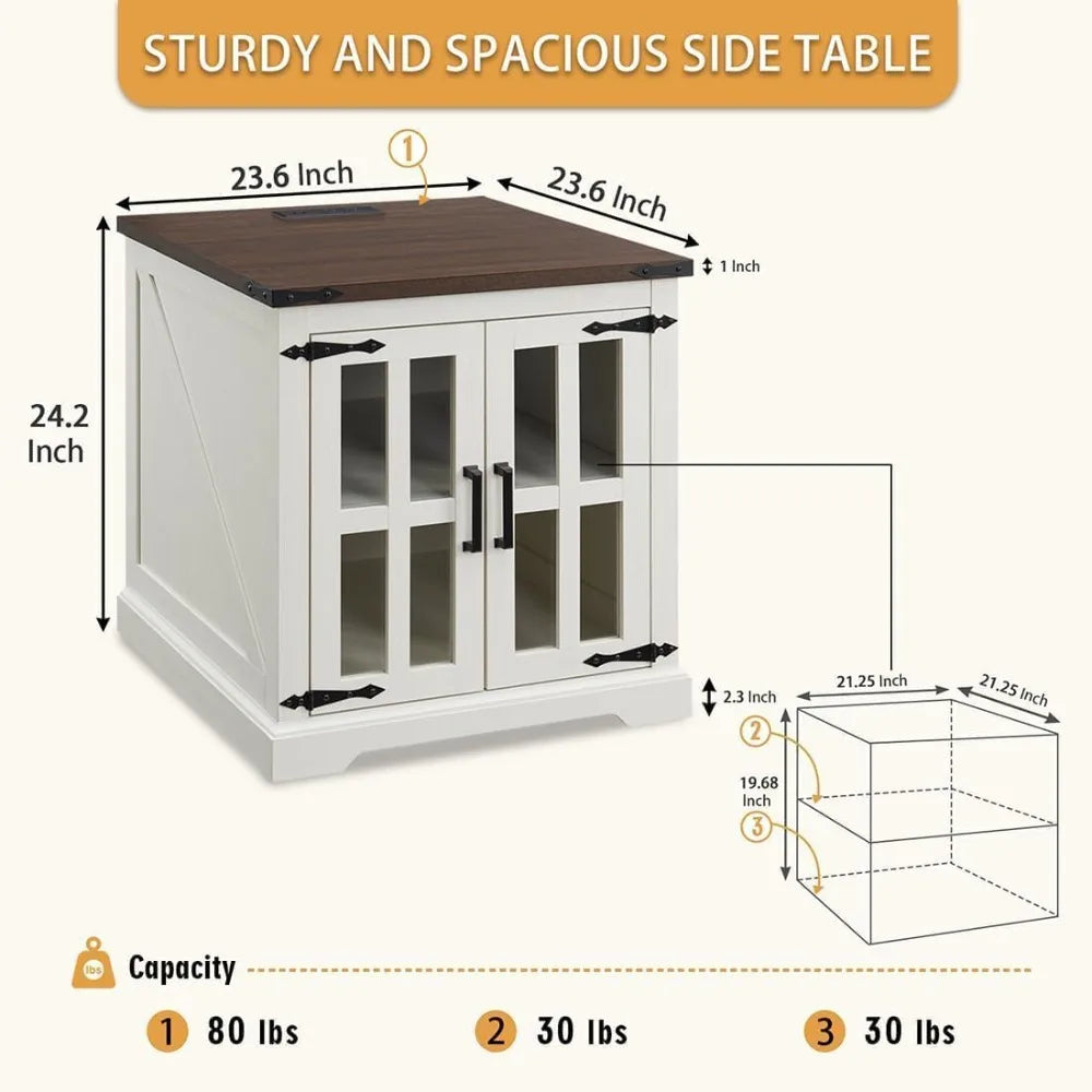 Rustic Farmhouse End Table with Charging Station and Glass Door
