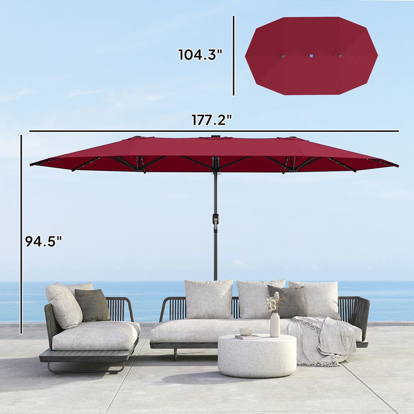 15-Foot Double-Sided Solar LED Patio Umbrella – Wine Red