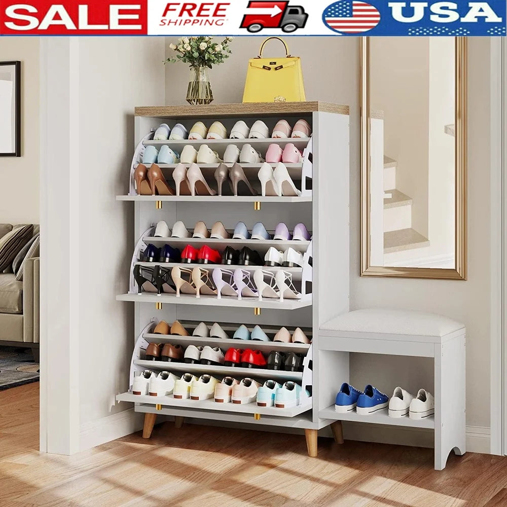 Modern Flip Drawer Shoe Cabinet With Bench And Adjustable Storage