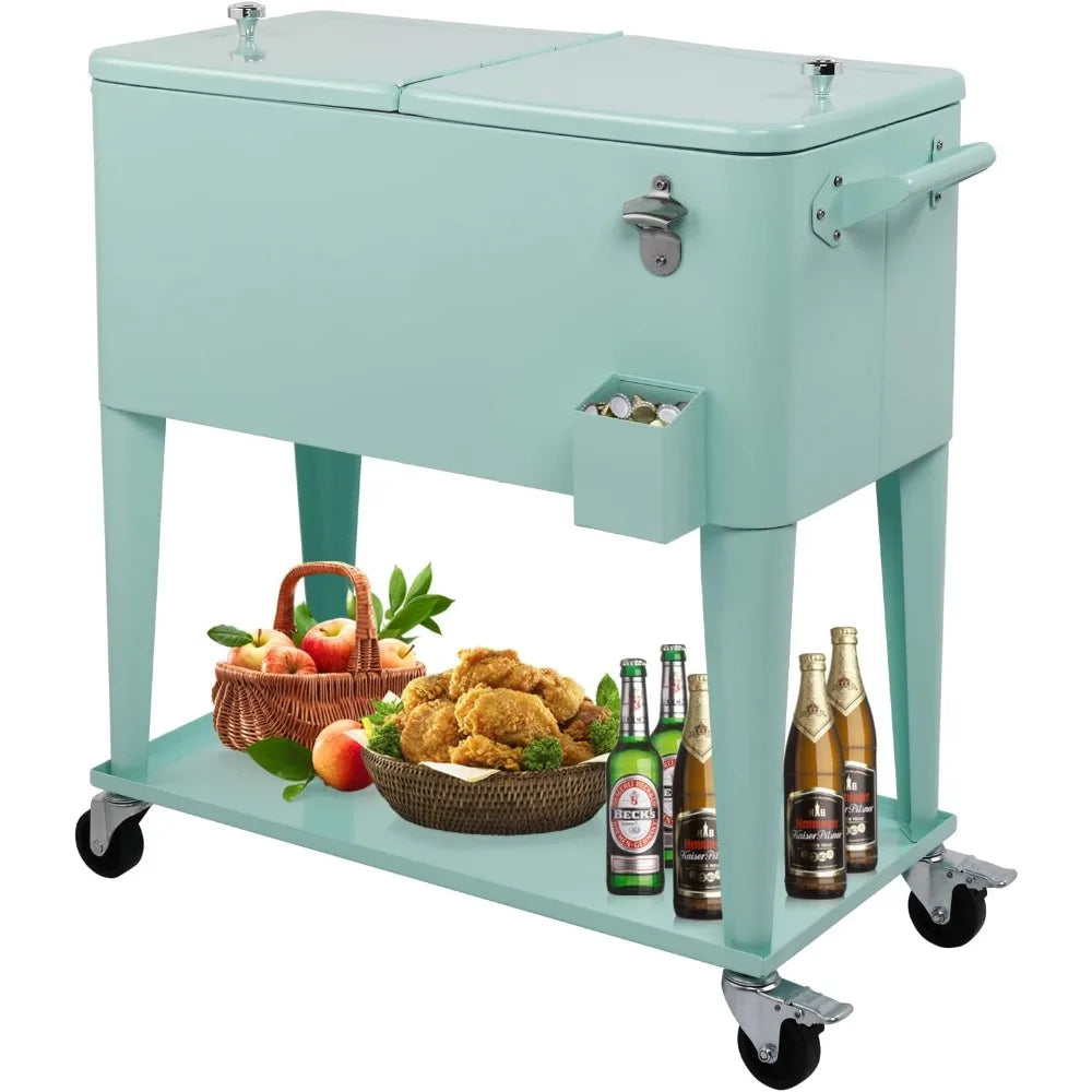 Rolling Ice Chest On Wheels With Bottle Opener And Shelf