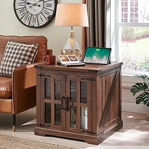 Rustic Farmhouse End Table with Charging Station and Glass Door
