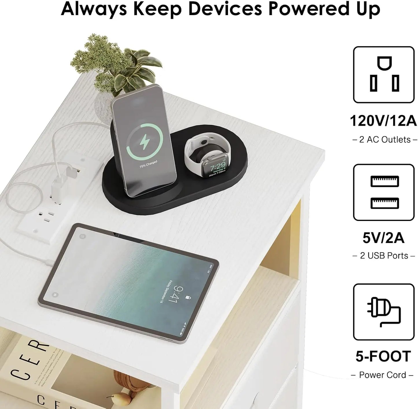 Modern Nightstand Set With Charging Station And LED Lighting