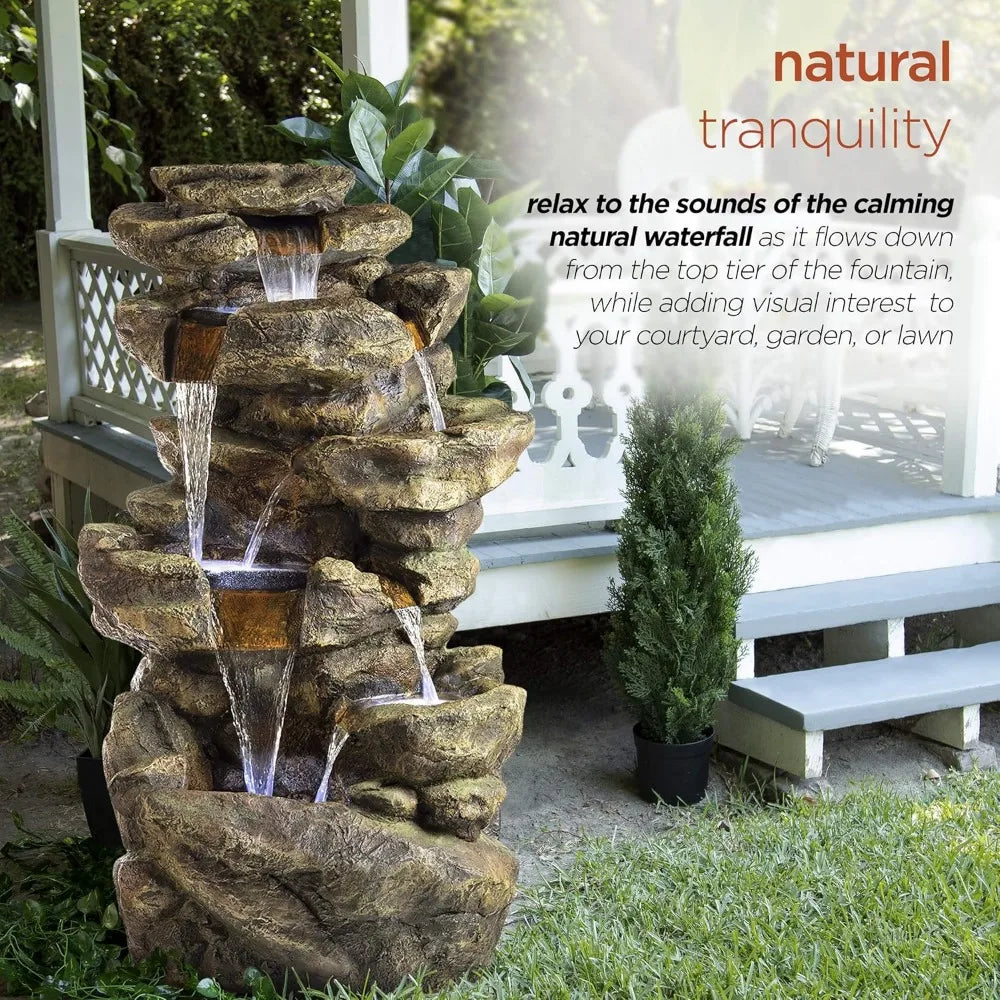 Outdoor LED Stone Fountain With Waterfall Feature Garden