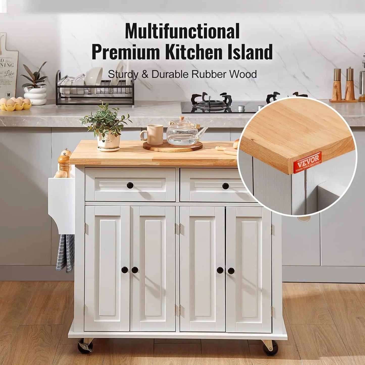 Mobile Kitchen Island Cart Solid Wood Top And Lockable Wheels