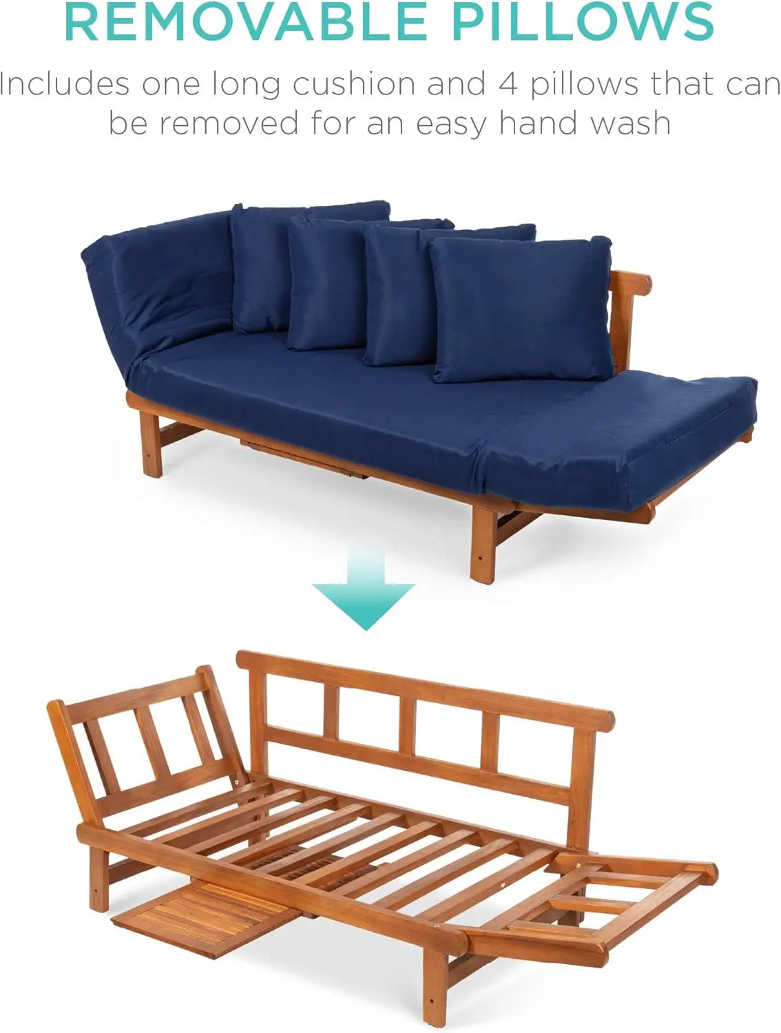 Convertible Acacia Wood Outdoor Futon Sofa With Pullout Tray