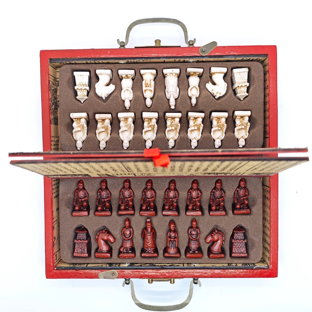 Chess Set With Wooden Table 22X22cm Terracotta Army Chess Classic Chinese Style 3D Gift For Birthday&Christmas For Collect&Decor