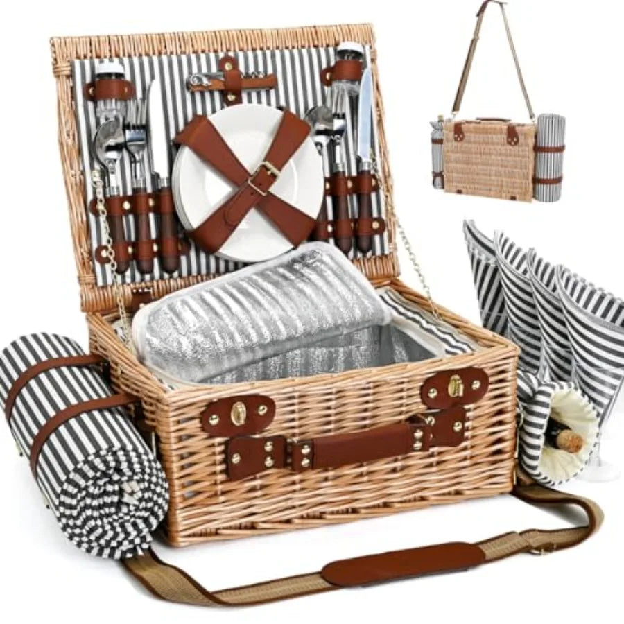 Wicker Picnic Basket for Two with Blanket & Wine Pouch | Outdoor Picnic Set