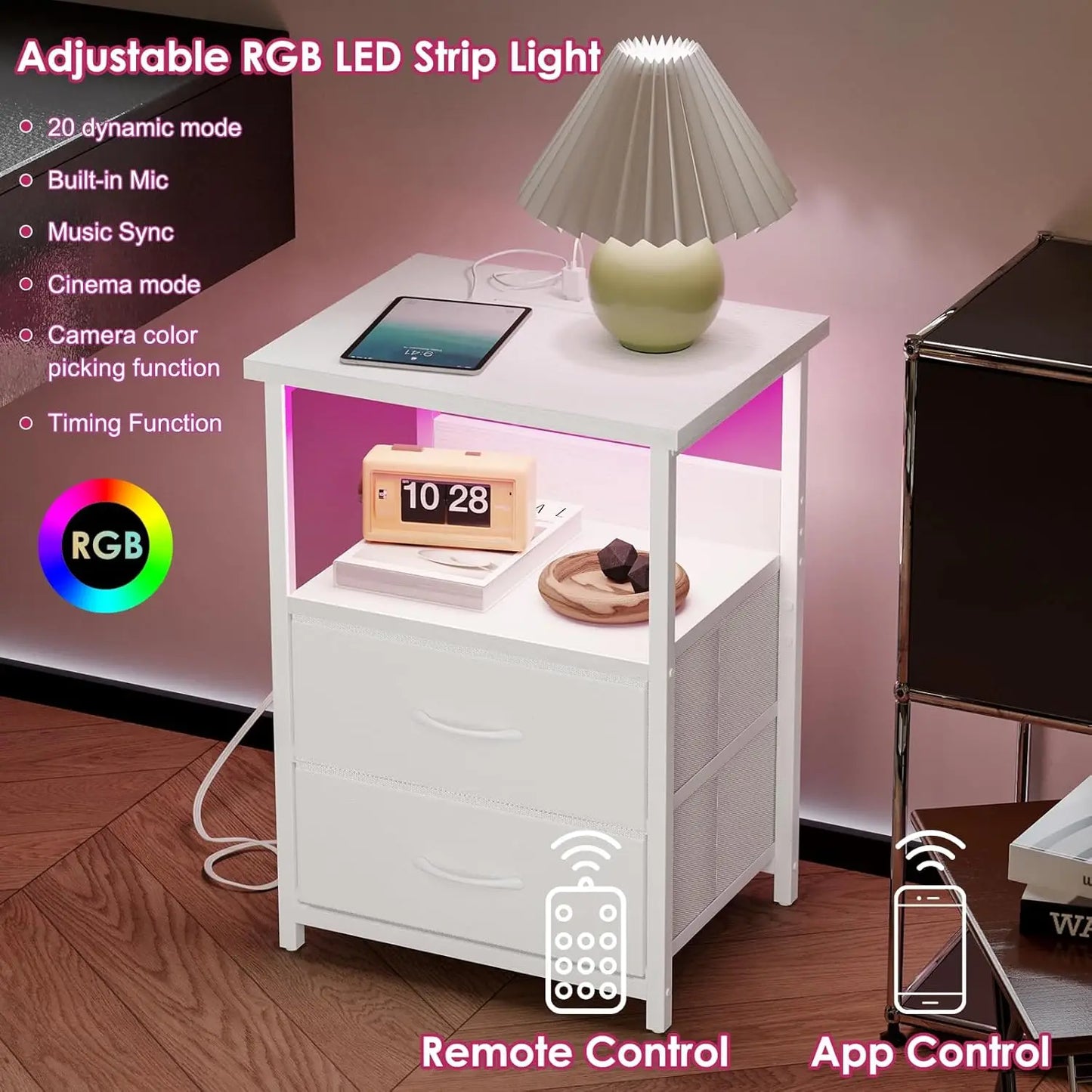 Modern Nightstand Set With Charging Station And LED Lighting