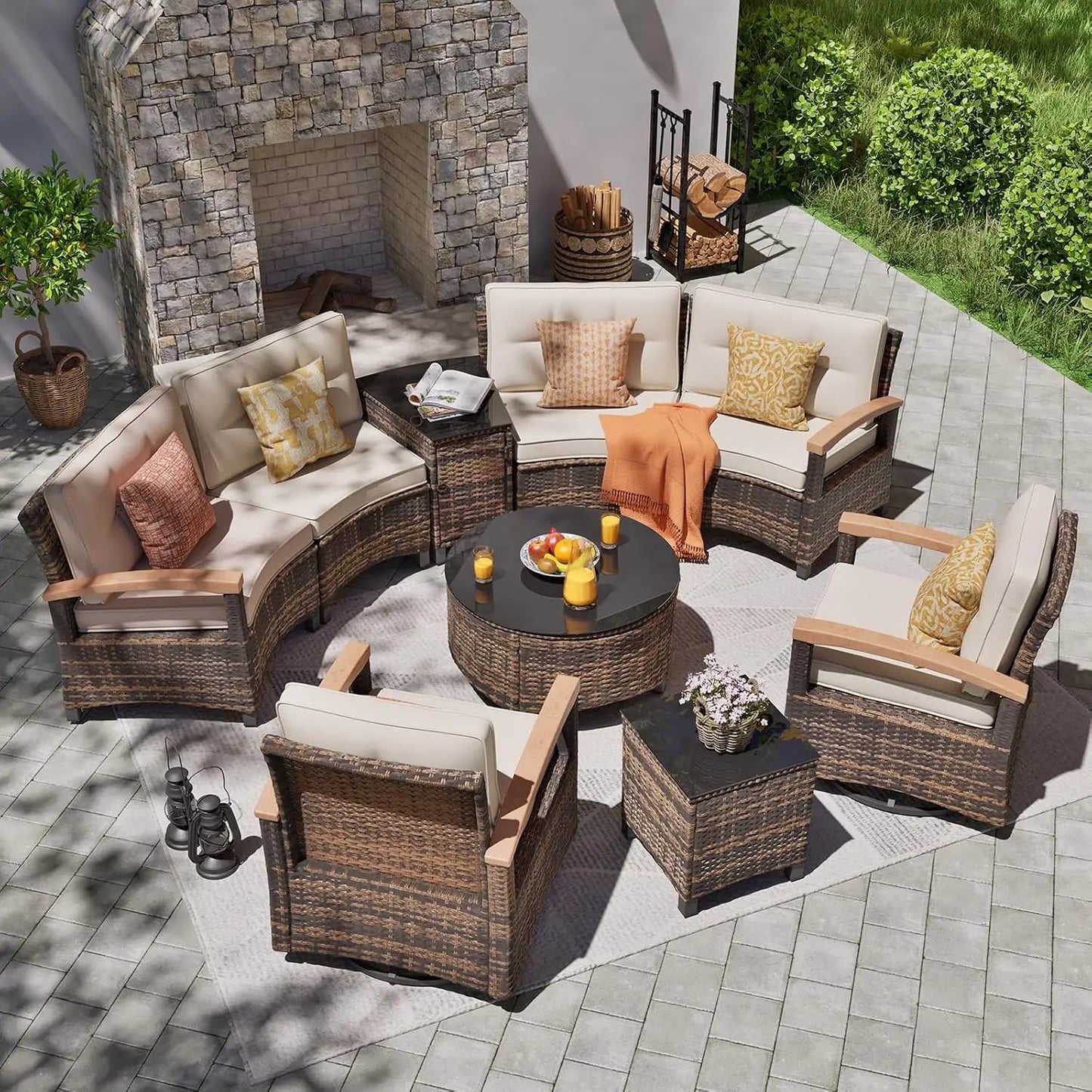 Stylish Half Moon Rattan Patio Conversation Furniture Set
