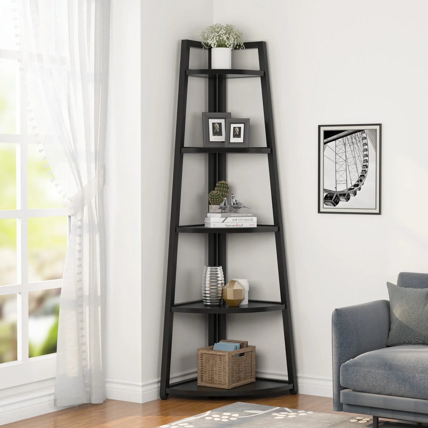 Modern Industrial Corner Ladder Shelf For Books Plants Decor