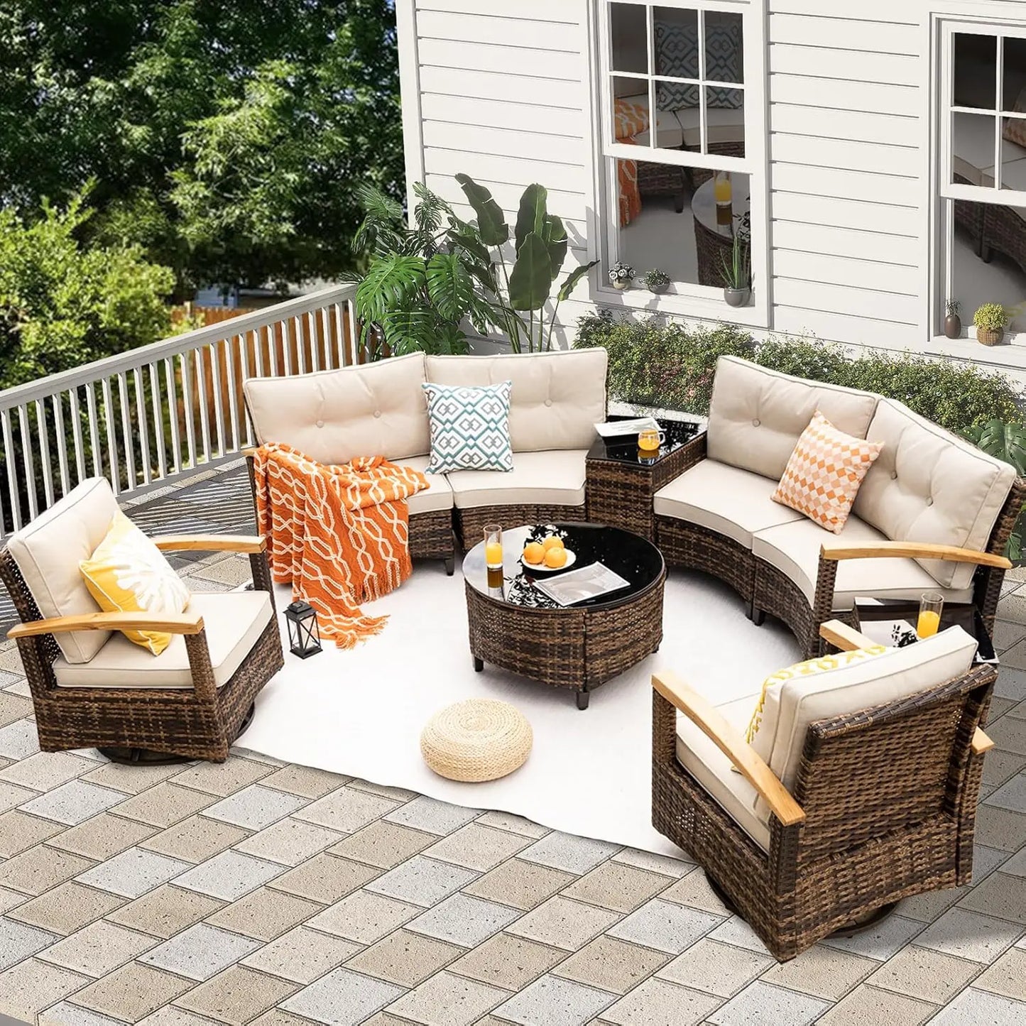 Stylish Half Moon Rattan Patio Conversation Furniture Set