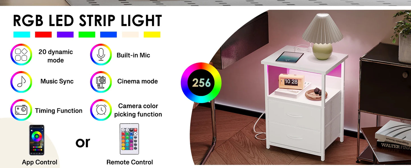 Modern Nightstand Set With Charging Station And LED Lighting