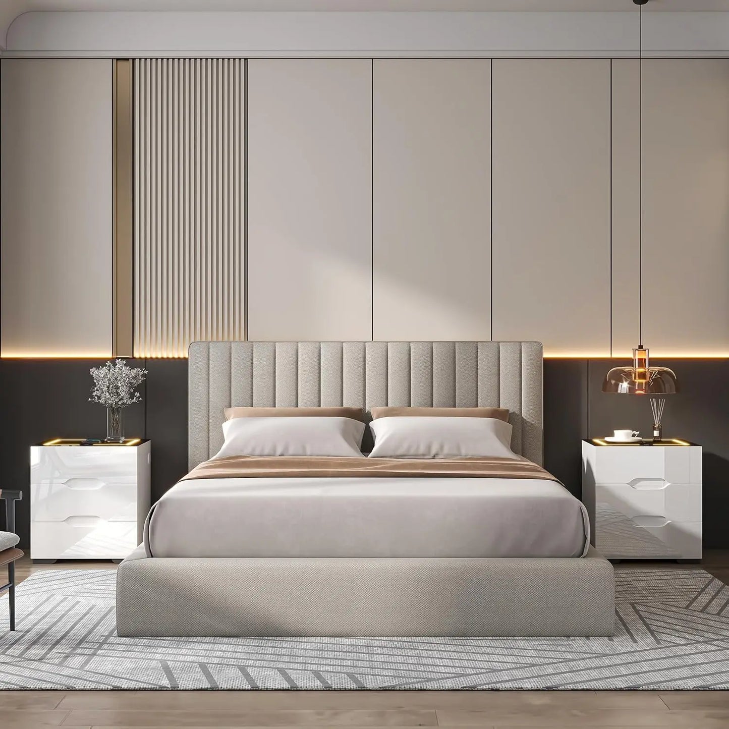 Smart Nightstand With Wireless Charger Adjustable LED High Gloss Drawers