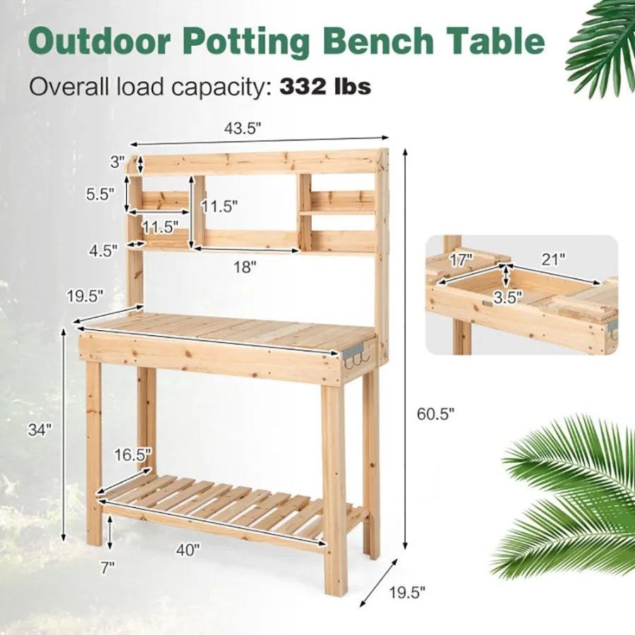 Garden Potting Bench with Display Rack and Hidden Sink