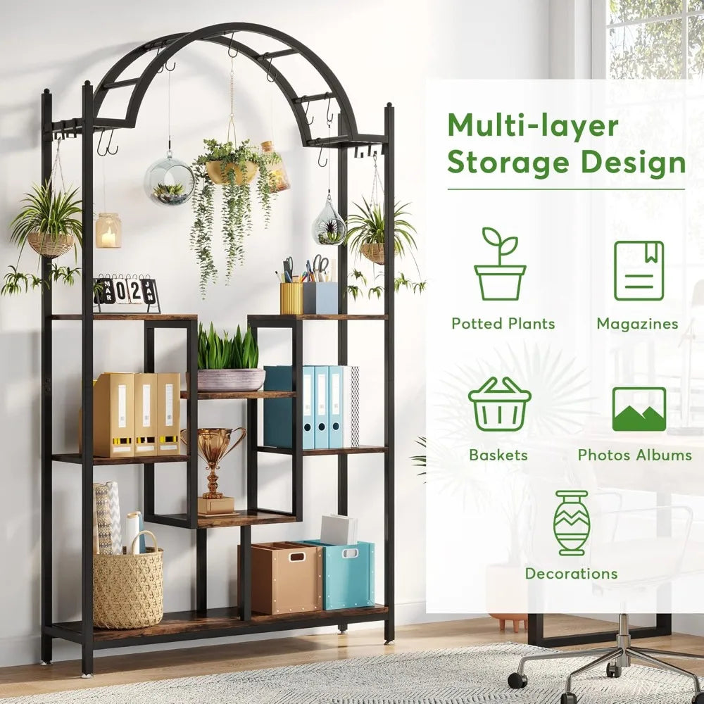 Arched Metal Five Tier Plant Stand With Hooks For Indoor