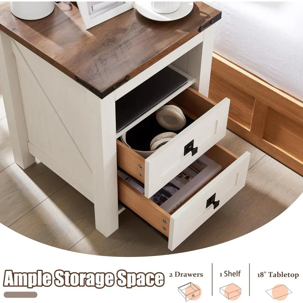 Rustic Farmhouse Nightstand Set with Charging Station and Storage