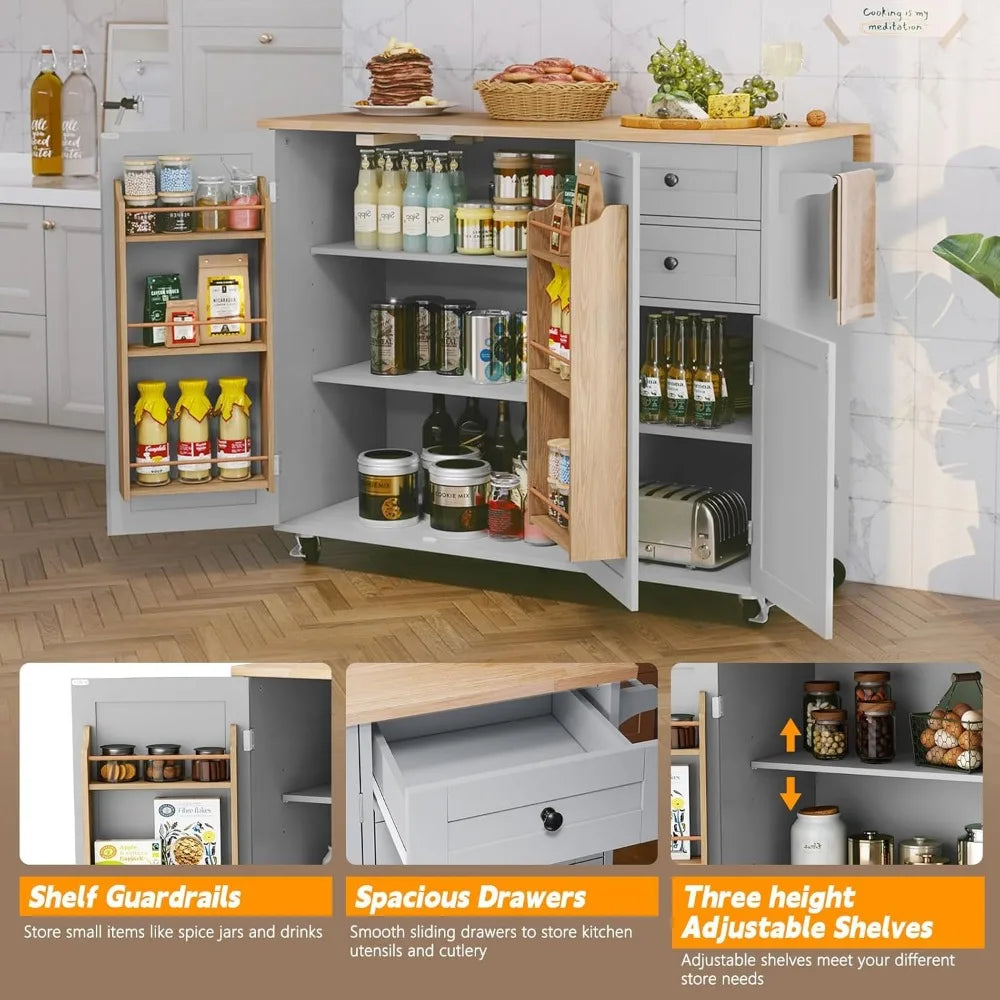 Rolling Kitchen Island with Storage and Drop-Leaf Countertop