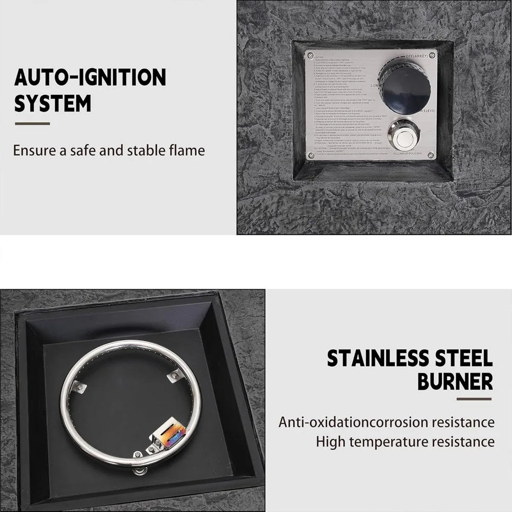 Outdoor Propane Fire Pit Table Square Stone With Wind Guard