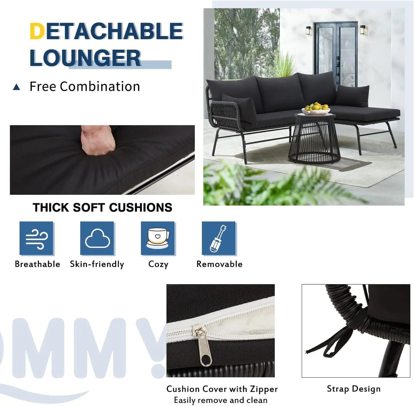 L Shaped Patio Sectional Sofa Set With Glass Coffee Table