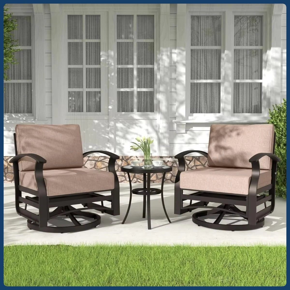 Swivel Rocker Patio Set 3 Piece Aluminum Chairs Glass Table