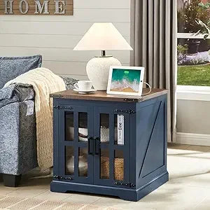 Rustic Farmhouse End Table with Charging Station and Glass Door