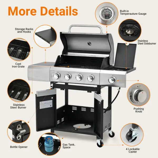 Stainless Steel Propane Grill with Side Burner for Outdoor Cooking