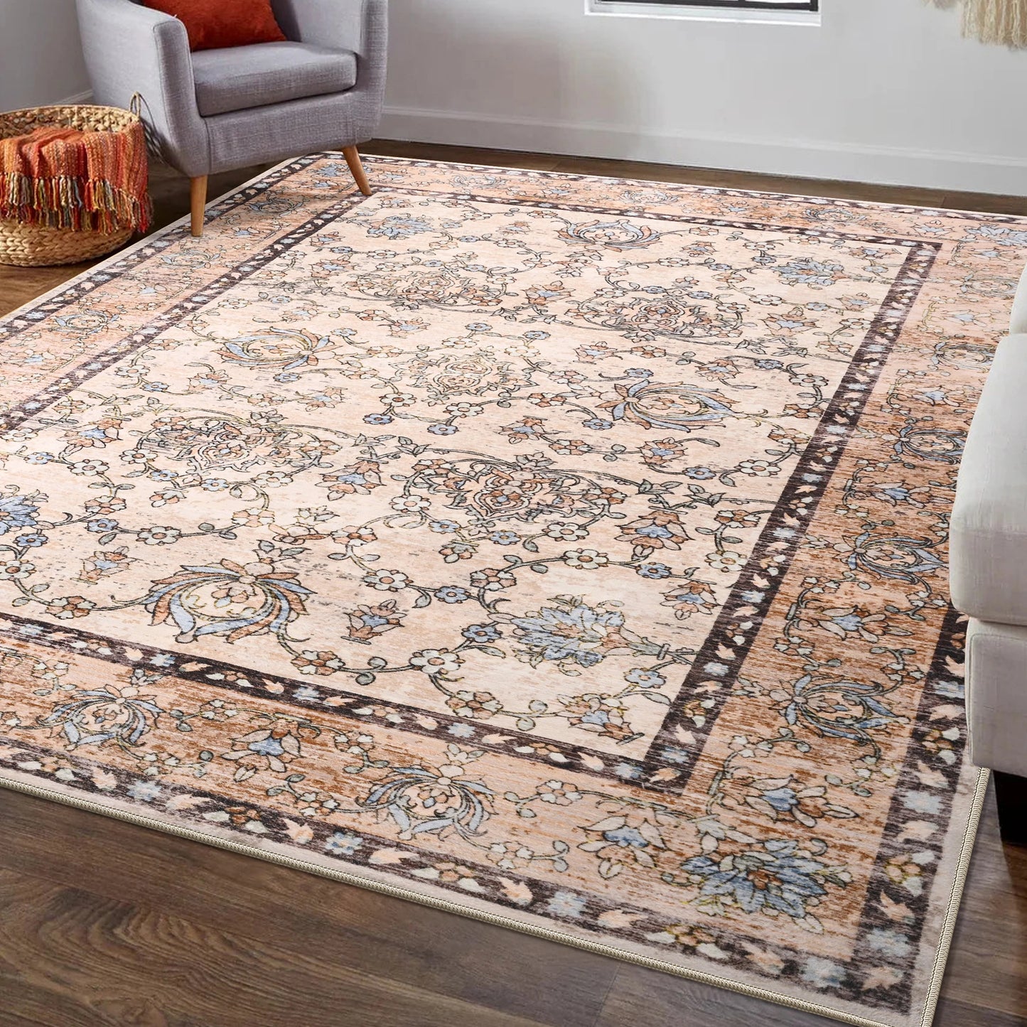 Machine Washable Vintage Non Slip Low Pile Area Rug